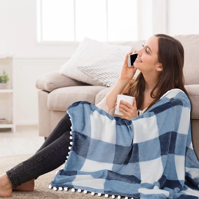 PiccoCasa Flannel Pom-Pom Tartan Checkered Fleece Throw Blanket 1Pc 1 PiccoCasa Flannel Pom-Pom Tartan Checkered Fleece Throw Blanket 1Pc