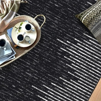 Acekool 8x10 Washable Area Rug, Black And White Striped Non Slip Low Pile Carpet, Modern Distressed Diamond Pattern For Living Room Bedroom Nursery 3 Acekool 8x10 Washable Area Rug, Black And White Striped Non Slip Low Pile Carpet, Modern Distressed Diamond Pattern For Living Room Bedroom Nursery - Image 3