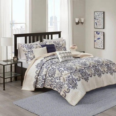 6pc Cascade Reversible Quilted Coverlet Set Blue - Madison Park 1 6pc Cascade Reversible Quilted Coverlet Set Blue - Madison Park