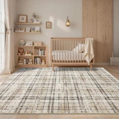 Modern Washable Area Rug Soft Non-Slip Stain-Resistant Farmhouse Tartan Plaid Carpet For Living Room Bedroom Nursery Office 2 Modern Washable Area Rug Soft Non-Slip Stain-Resistant Farmhouse Tartan Plaid Carpet For Living Room Bedroom Nursery Office - Image 2