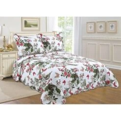 J&V TEXTILES Full/Queen Reversible Printed Quilt Set Bed Blankets Floral White/Pink/Green
