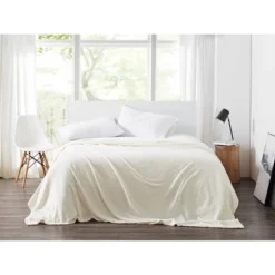 Cannon King Solid Plush Blanket Ivory: Machine Washable, Polyester, Year-Round Comfort, 108x90"