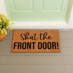Evergreen Flag Funny Welcome Mat Coir Doormat | 28" X 16" Front Door Mat Outdoor Entrance | No Slip Door Rugs Entryway Indoor | Shut The Front Door!