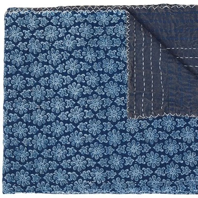 HomeRoots 50" X 70" Blue Kantha Cotton Floral Throw Blanket With Embroidery 4 HomeRoots 50" X 70" Blue Kantha Cotton Floral Throw Blanket With Embroidery - Image 4