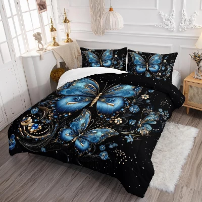 Boersma 3Pcs Butterfly Comforter Queen Size,Beautiful Blue Butterflies Bedding Set,Bohobian Gemstones Bedding Set,1 Comforter 2 Pillowcases,Black 3 Boersma 3Pcs Butterfly Comforter Queen Size,Beautiful Blue Butterflies Bedding Set,Bohobian Gemstones Bedding Set,1 Comforter 2 Pillowcases,Black - Image 3