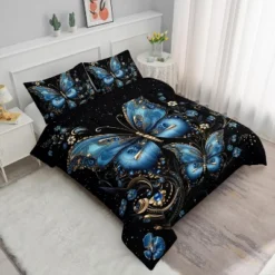 Boersma 3Pcs Butterfly Comforter Queen Size,Beautiful Blue Butterflies Bedding Set,Bohobian Gemstones Bedding Set,1 Comforter 2 Pillowcases,Black