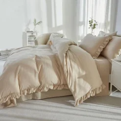 BAGOKIE Fringe Ruffle Linen Feel Textured Organic Natural 100% Cotton Duvet Cover Beige 3 Pieces