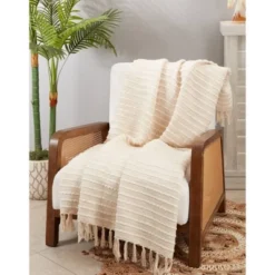 50"x60" Textured Chunky Striped Throw Blanket Ivory - Saro Lifestyle -Bedding Discounts GUEST 41f0dcc6 ac63 4f1a b6a8 c9a6f1e7780a