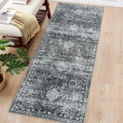 Traditional Distressed Area Rugs For Living Room Bedroom Non Slip Washable Medallion Pattern Printed Thin Carpet Rugs