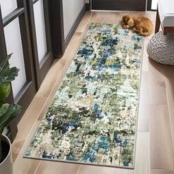 Washable Runner Rug, Soft Modern Abstract Kitchen Rug For Hallway, Laundry, Entryway, Bedroom, Ultra-Thin Non-Slip Rug Runners, Green/Blue Multi