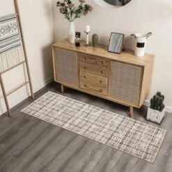 Modern Plaid Living Room Area Rug, Machine Washable Floor Carpet, Non-Slip Checkered Soft Rug, Low-Pile Non-Shedding Accent Rug, Indoor Foldable Rug