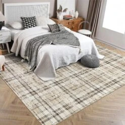 Modern Washable Area Rug Soft Non-Slip Stain-Resistant Farmhouse Tartan Plaid Carpet For Living Room Bedroom Nursery Office