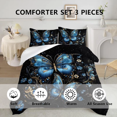 Boersma 3Pcs Butterfly Comforter Queen Size,Beautiful Blue Butterflies Bedding Set,Bohobian Gemstones Bedding Set,1 Comforter 2 Pillowcases,Black 2 Boersma 3Pcs Butterfly Comforter Queen Size,Beautiful Blue Butterflies Bedding Set,Bohobian Gemstones Bedding Set,1 Comforter 2 Pillowcases,Black - Image 2