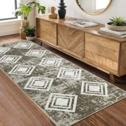 Washable Runner Rug - Non-Slip Hallway & Kitchen Rug - Modern Farmhouse Entryway Runner - Low Pile Bedroom Rug