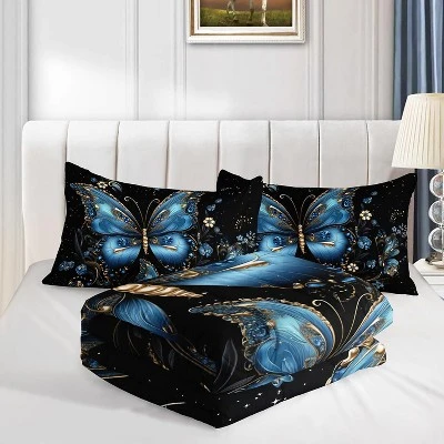 Boersma 3Pcs Butterfly Comforter Queen Size,Beautiful Blue Butterflies Bedding Set,Bohobian Gemstones Bedding Set,1 Comforter 2 Pillowcases,Black 4 Boersma 3Pcs Butterfly Comforter Queen Size,Beautiful Blue Butterflies Bedding Set,Bohobian Gemstones Bedding Set,1 Comforter 2 Pillowcases,Black - Image 4