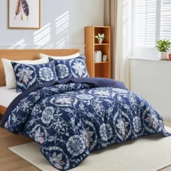 Peace Nest Soft Printed Coverlet Set Floral Geometric Bedspread, Modern Reversible Quilt And Shams Set
