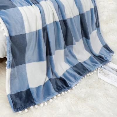 PiccoCasa Flannel Pom-Pom Tartan Checkered Fleece Throw Blanket 1Pc 4 PiccoCasa Flannel Pom-Pom Tartan Checkered Fleece Throw Blanket 1Pc - Image 4