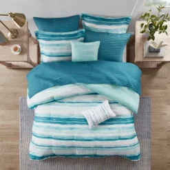 Gulches 8 Piece Printed Seersucker Comforter And Quilt Set Collection Aqua King/Cal King