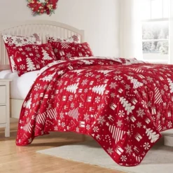 Greenland Home Fashions Peppermint Party Jacquard Matelasse Coverlet Bedding Set Red