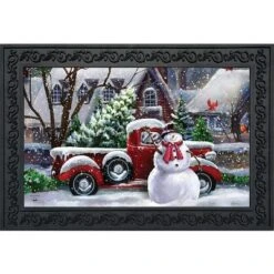 Briarwood Lane Snowfall Snowman Winter Doormat Red Pickup Truck 3
