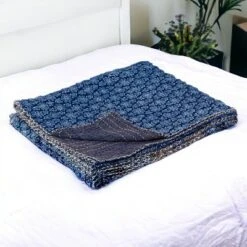 HomeRoots 50" X 70" Blue Kantha Cotton Floral Throw Blanket With Embroidery