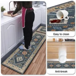FURNIinspire Floor Mats Home 2 Piece Kitchen Rug Machine Washable Floor Mat For Living Room, Vintage Carpet, Non Slip, Blue, 60"*20" -Bedding Discounts GUEST 86649c19 1ec8 4f5b 907d 810f41ef63bc