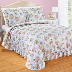 Collections Etc Juliana Watercolor Pastel Floral Plissé Bedspread
