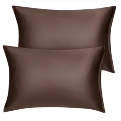 2 Pcs Standard Silk Satin With Zipper Pillowcase Brown - PiccoCasa