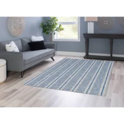 5'x7' Washable Wallen Rug Ivory/Blue: Rubber Backed, Stain-Resistant, Low Pile, Contemporary Stripe - Linon -Bedding Discounts GUEST 8faeb1ee 03a7 414d a560 8e6d7e8e9198