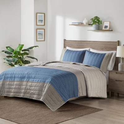 Madison Park 3pc Drew Printed Color Blocking Microfiber Coverlet Set Taupe/Blue 1 Madison Park 3pc Drew Printed Color Blocking Microfiber Coverlet Set Taupe/Blue