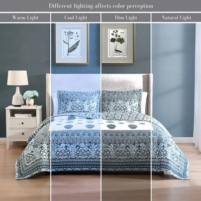 Bebejan Aquamarine Medallion 100% Cotton 3-Piece Reversible Quilted Coverlet Set 6 Bebejan Aquamarine Medallion 100% Cotton 3-Piece Reversible Quilted Coverlet Set - Image 6