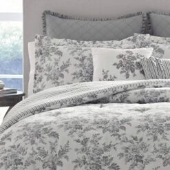 Laura Ashley Annalise Floral 100% Cotton Duvet Cover Bonus Set Gray