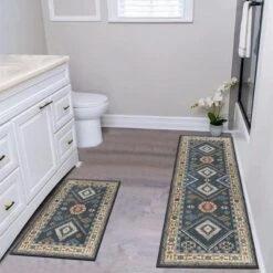 FURNIinspire Floor Mats Home 2 Piece Kitchen Rug Machine Washable Floor Mat For Living Room, Vintage Carpet, Non Slip, Blue, 60"*20"