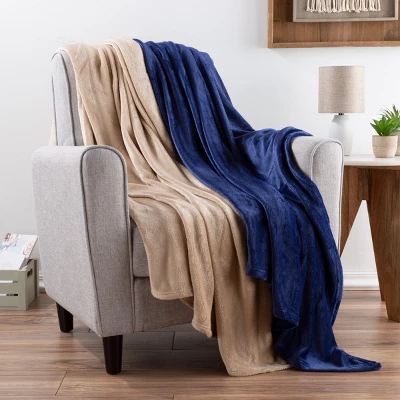 Fleece Throw Blanket-Set Of 2-Navy Blue & Sand Plush 60"x50" Blankets- Soft & Cozy For Travel, Outdoor Events &Lounging On The Sofa By Hastings Home 2 Fleece Throw Blanket-Set Of 2-Navy Blue & Sand Plush 60"x50" Blankets- Soft & Cozy For Travel, Outdoor Events &Lounging On The Sofa By Hastings Home - Image 2