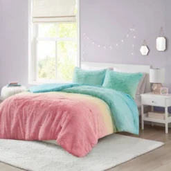 Mi Zone Twin/Twin XL Evie Ombre Shaggy Faux Fur Comforter Set Aqua: Twin Size Bedding For Teen Girls, Hypoallergenic