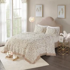 Gulches Tufted Cotton Chenille Medallion Fringe Coverlet Mini Set Taupe King/Cal King