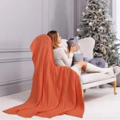 PiccoCasa Soft 100% Cotton Knitted Lightweight Cable Bed Home Decorative Blanket