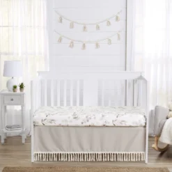 Sweet Jojo Designs Boy Or Girl Gender Neutral Unisex Baby Crib Bed Skirt Botanical Leaf Linen Taupe