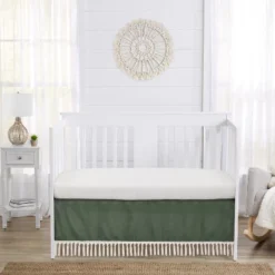 Sweet Jojo Designs Boy Or Girl Gender Neutral Unisex Baby Crib Bed Skirt Boho Fringe Green And White