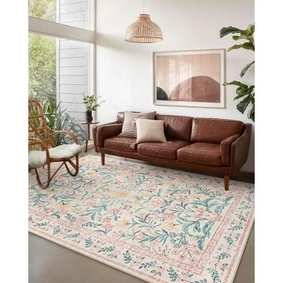 Itopfox Machine Washable Nursery Rug, Pink Floral Carpet Non Slip, Soft Boho Indoor Floor Rug For Girls Bedroom, Living Room, Dorm 2 Itopfox Machine Washable Nursery Rug, Pink Floral Carpet Non Slip, Soft Boho Indoor Floor Rug For Girls Bedroom, Living Room, Dorm - Image 2