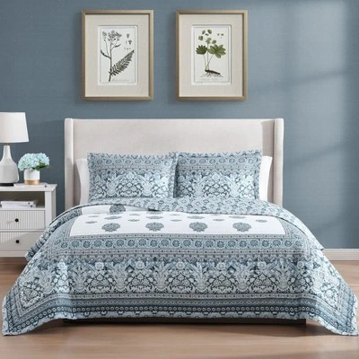 Bebejan Aquamarine Medallion 100% Cotton 3-Piece Reversible Quilted Coverlet Set 9 Bebejan Aquamarine Medallion 100% Cotton 3-Piece Reversible Quilted Coverlet Set - Image 9