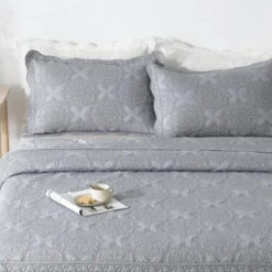 BAGOKIE Vintage Quilted Bedspread Luxury Embroidered Coverlet Set 3-Piece Grey -Bedding Discounts GUEST c3610040 0d52 4756 a524 189cc4a8e706
