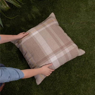 Taupe With Yellow Plaid 24X24 Hand Woven Filled Outdoor Pillow - Foreside Home & Garden 1 Taupe With Yellow Plaid 24X24 Hand Woven Filled Outdoor Pillow - Foreside Home & Garden