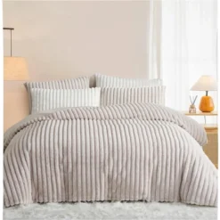 Evo Bytes 3 Pieces Fluffy Striped Duvet Cover Set Super Soft Faux Fur Winter Warm Fuzzy Fleece Bedding Set-King Duvet Cover + 2 King Pillowcases-Beige -Bedding Discounts GUEST d2b51947 fed6 40d3 9b05 3578e3072d3a
