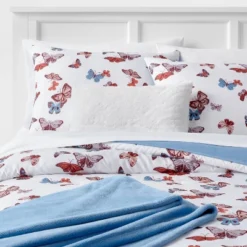 Butterfly Print Microfiber Decorative Bed Set With Throw Blue/Red/White - Room Essentials™ -Bedding Discounts GUEST e00afba5 a714 4928 90f7 d5171afd96c9
