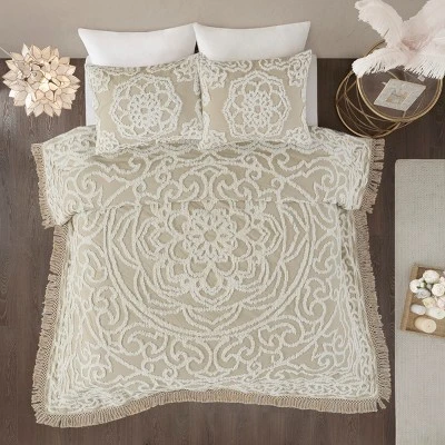 Gulches Tufted Cotton Chenille Medallion Fringe Coverlet Mini Set Taupe King/Cal King 2 Gulches Tufted Cotton Chenille Medallion Fringe Coverlet Mini Set Taupe King/Cal King - Image 2