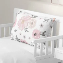 Sweet Jojo Designs Girl Decorative Pillow Cover Sham Watercolor Floral Pink And Grey