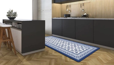 J&V TEXTILES 20" X 55" Oversized Cushioned Anti-Fatigue Kitchen Runner Mat (Blue Geo) 1 J&V TEXTILES 20" X 55" Oversized Cushioned Anti-Fatigue Kitchen Runner Mat (Blue Geo)