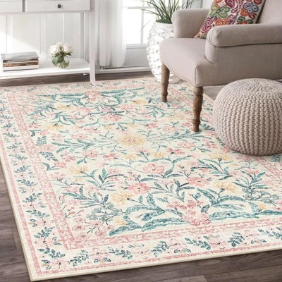 Itopfox Machine Washable Nursery Rug, Pink Floral Carpet Non Slip, Soft Boho Indoor Floor Rug For Girls Bedroom, Living Room, Dorm 7 Itopfox Machine Washable Nursery Rug, Pink Floral Carpet Non Slip, Soft Boho Indoor Floor Rug For Girls Bedroom, Living Room, Dorm - Image 7